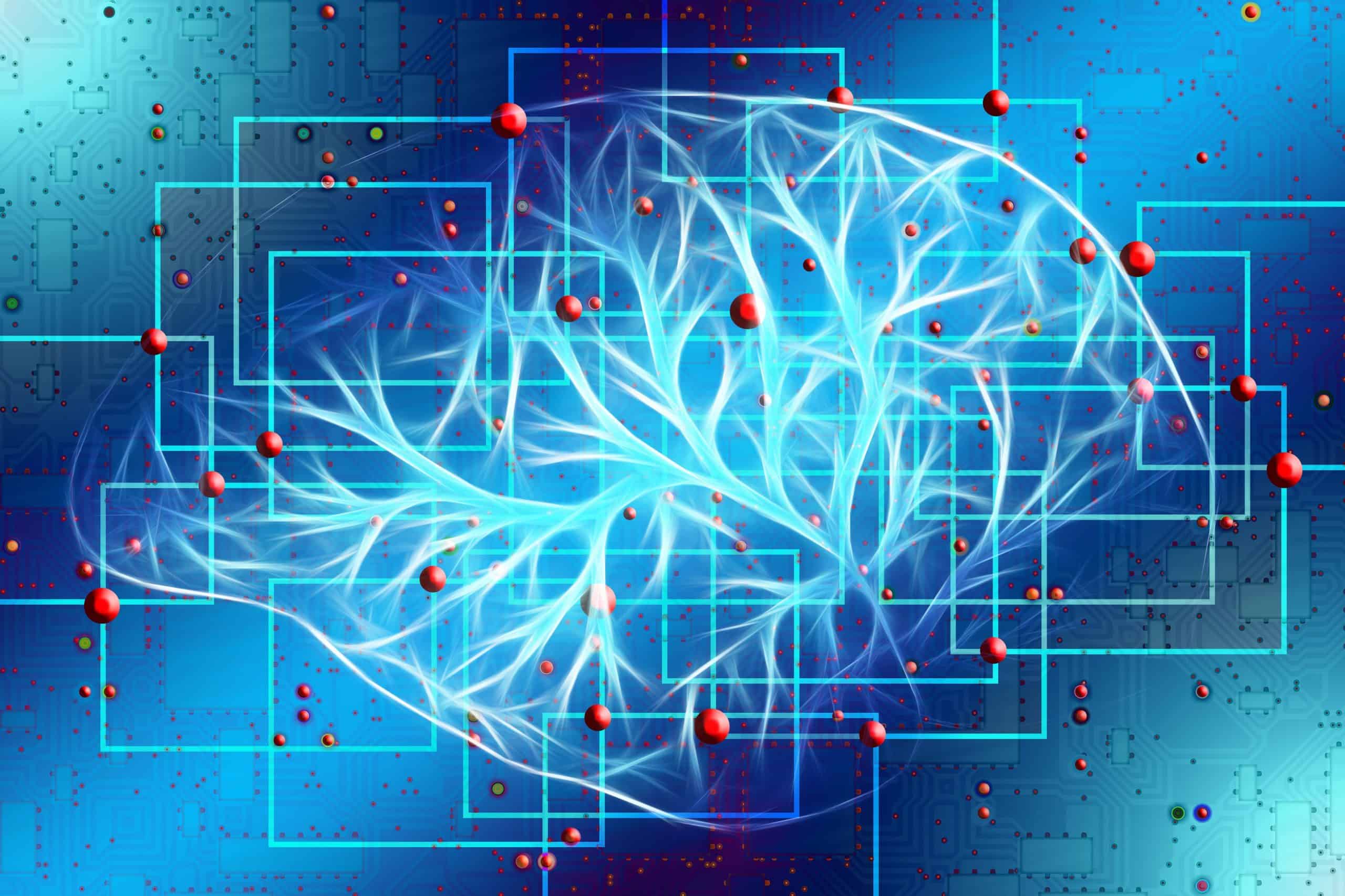 Digital brain network with interconnected nodes and neural pathways.